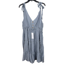 Goodnight Macaroon Babydoll Dress Dusty Blue Small Tiered Boho Tie Strap Summer