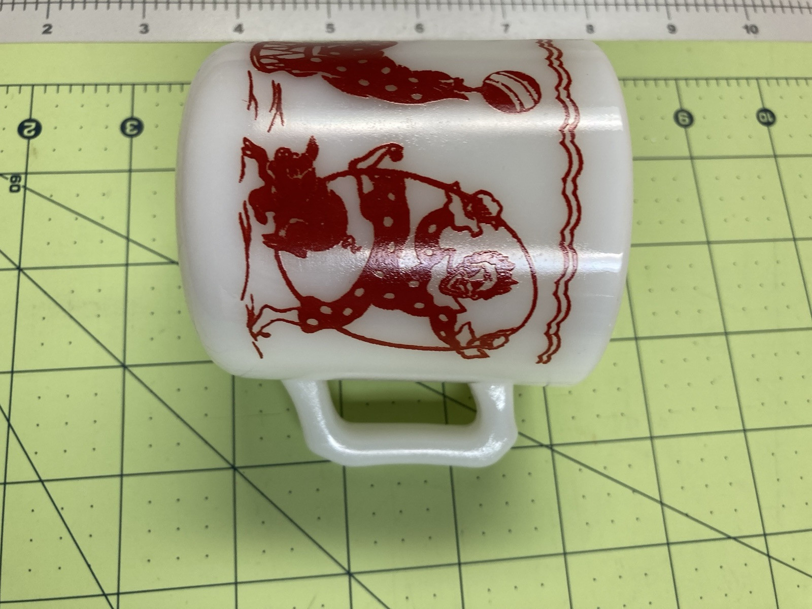 Hazel-Atlas Glass Co. Milk Glass Child’s Cup w/red & white circus design, 1930’s