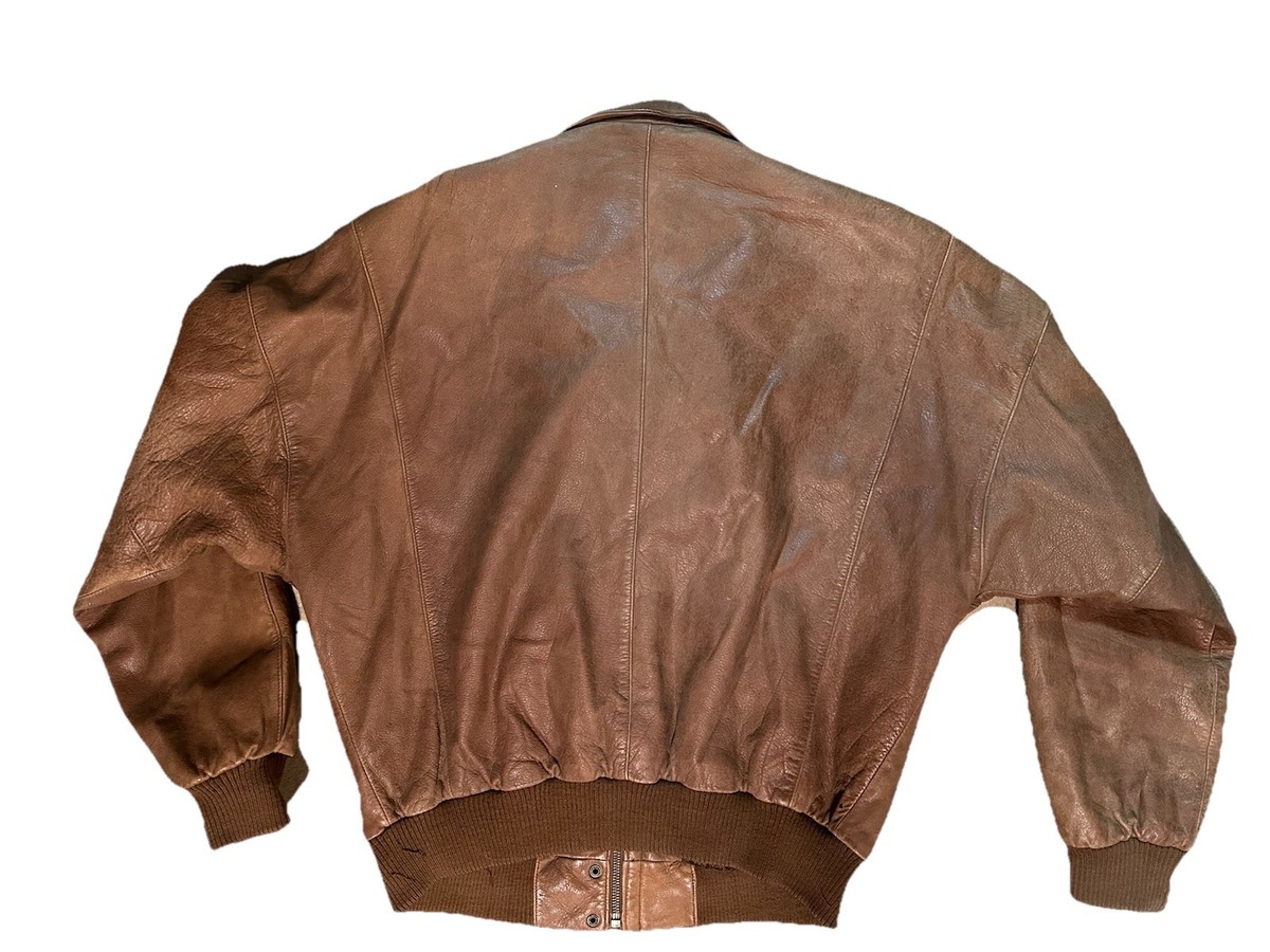 Vintage Cayenne Leather Bomber Jacket Mens Small Brown Map Lined