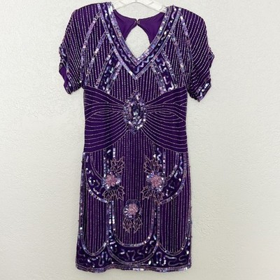 Vintage 90s SCALA Beaded Sequin Purple 100% Silk Evening Cocktail Dress, Size PS
