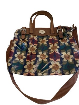 Fossil Key-Per Coated Canvas Double Handled Crossbody Bag W Multicolored Daisy