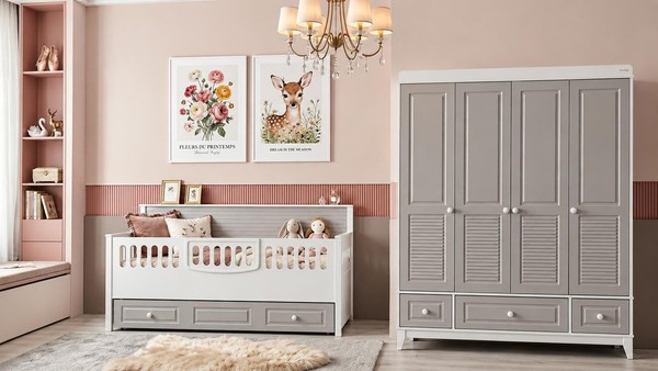 Praktisches Kinderzimmer-Set Mit Kinderbett Und Kleiderschrank-image