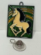 Vtg 1970s Unicorn Suncatcher Cream Unicorn Green Glitter Fantasy Window Decor