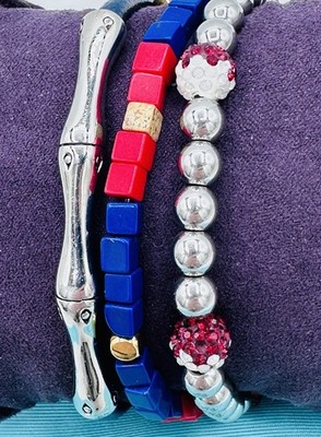 Rustic Cuff 3pc Red White Blue Patriotic Stack Bracelet Lot Silvertone