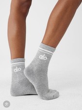 ALO Gray Crew Socks Women Breathable Cotton Blend White Stripes Logo