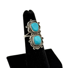 Vintage Native American Sterling Double Turquoise Bezel Double Shank Ring Size 5