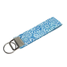Fabric Key Chain Blue White Flower Print Key Fob Handmade Keychain Wristlet NEW