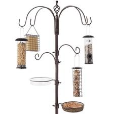 Bird Feeding Station, 6-Hook Steel Multi-Feeder Stand w/ 4 Feeders - 89in