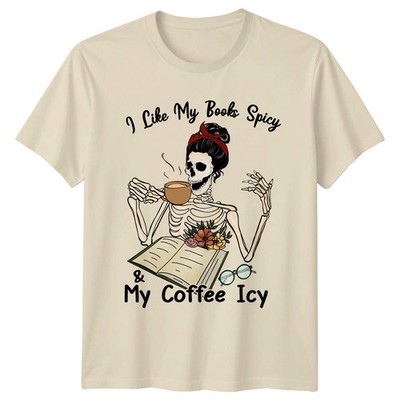 I Like My Books Spicy & My Coffee Icy Skeleton Book Lover T-Shirt