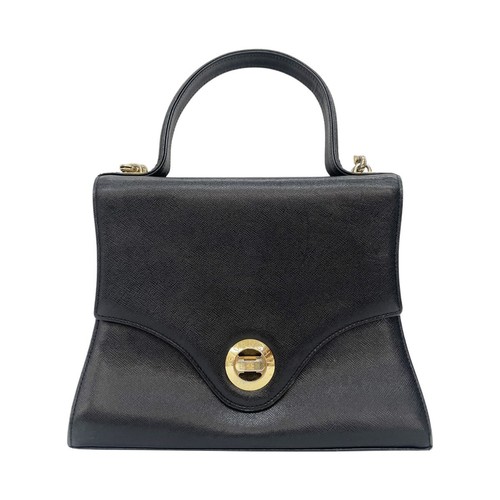 GIVENCHY Vintage 2Way Leather Handbag Black Turn Lock Circle Logo