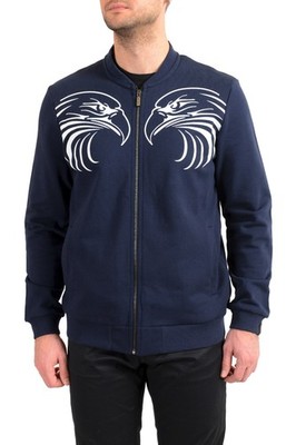 Roberto Cavalli Sport Men's Navy Blue Full Zip Graphic Print Track Bomber Jacket