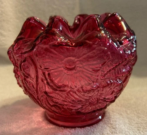 Fenton Cranberry Glass Poppy Rose Bowl Vase
