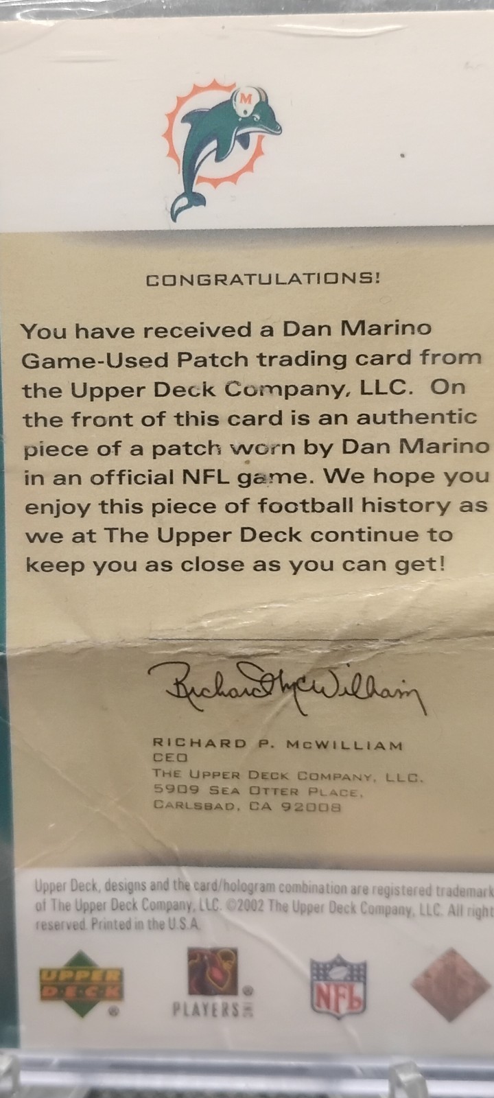 2002 Upper Deck Dan Marino #BGJ-DM Game Used Jersey /25 Miami Dolphins Damaged view 6