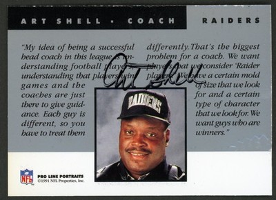1991 Pro Line Portraits HOFer Art Shell - Los Angeles Raiders Autograph 