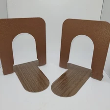 Pair (2) Brown Metal bookends ~ Wood look  ~ 4.5”x5.5”x4”  Minimalist Industrial