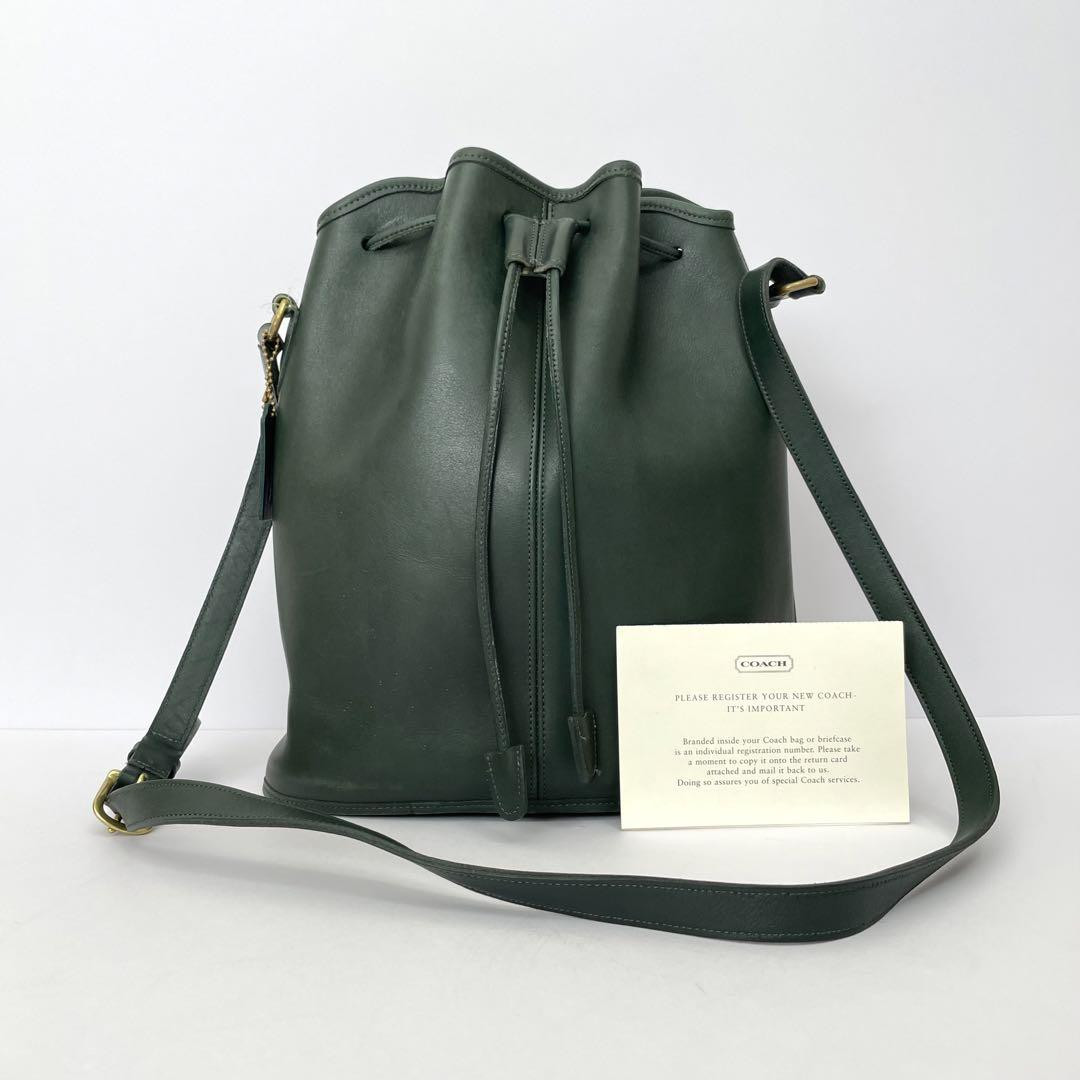 Old Coach Drawstring Shoulder Bag Green Leather Vintage F/S Used  