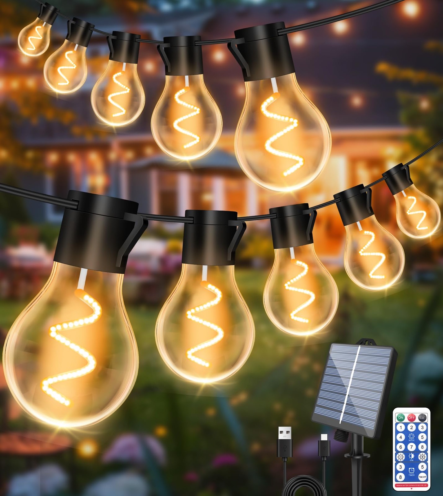 Solar Festoon Lights Outdoor, 12M/39.4FT USB&Solar String Warm White
