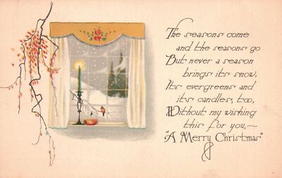 Merry Christmas Snow Season Window Evergreens Candle Vintage Postcard