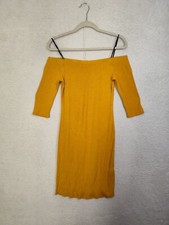 Forever 21 Women Dress Large Yellow Mustard Rayon Blend Off Shoilder Ribbed Mini