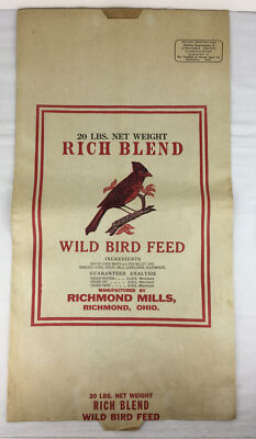 EMPTY Vtg 20 lb Richmond Mills Wild Bird Feed Paper Sack Cardinal Logo Ohio