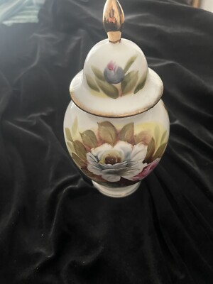 Ardalt Lenwile Hand Painted Ginger Jar W/Lid. Floral Roses.  Gold Trimmed 7.5 