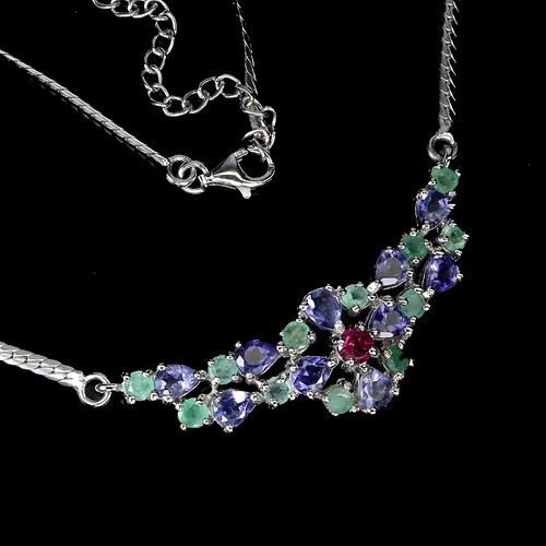 Damen Frauen echter Smaragd Granat Iolith Rhodolith 925 Silber Kette Halskette - Bild 2 von 6