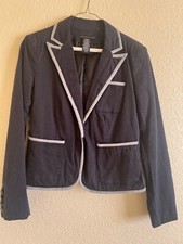 Women Blazer Jacket Size S/C Navy Blue Thin Stripes Lined Single Button Collar