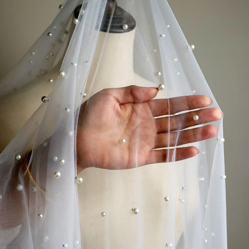 Faux Pearl Beading Mesh Fabric Tulle Voile Sewing for DIY Bridal Veil Dress - Image 3 of 4