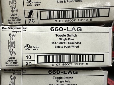(1) BOX OF 10 PASS & SEYMOUR 660-LAG 15A 120VA TOGGLE SWITCH SINGLE POLE - L23