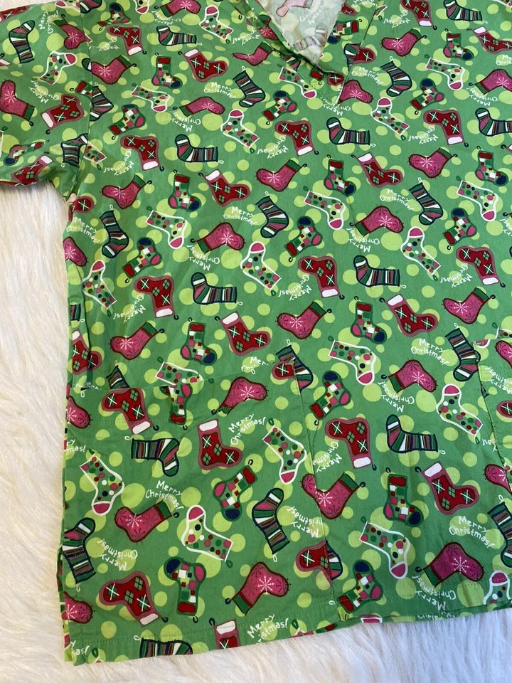 Blusa Médica Estampada de Melocotones para Mujer Talla XS Verde Navidad Vacaciones Manga Corta Foto 4 de 4