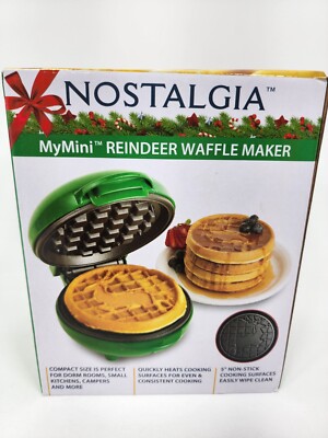 Nostalgia MyMini Reindeer Compact Green Waffle Maker 5'' Non-stick Easy Clean 