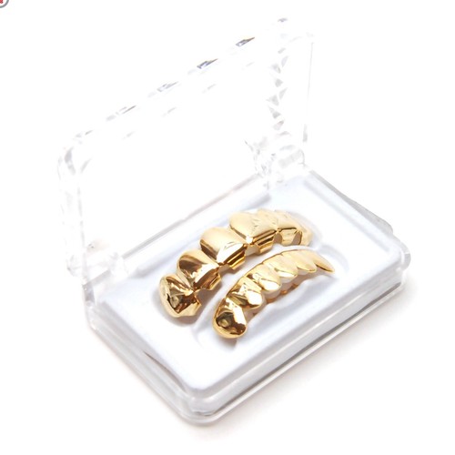 Hip Hop GRILLZ SET Gold Plated Top & Bottom Plain Mouth Cap Teeth LS001 G - Picture 2 of 3