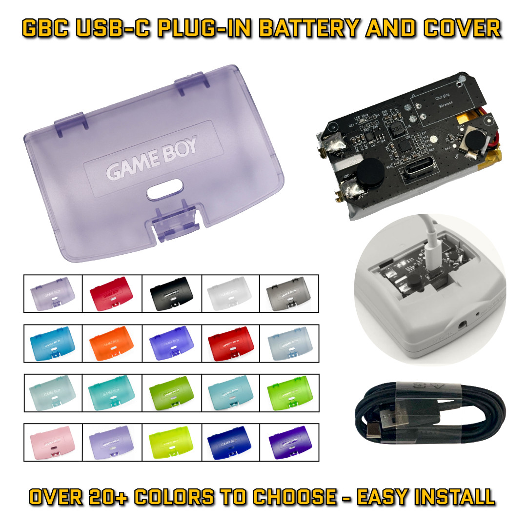 Game Boy Color GBC Rechargeable Battery USB-C 1500 mAh 3.7 V w/ Battery Cover
