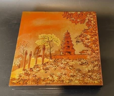 Antique Square Lacquered Wooden Jewelry Box Artexport Hanoi Indochina 20th Century Box