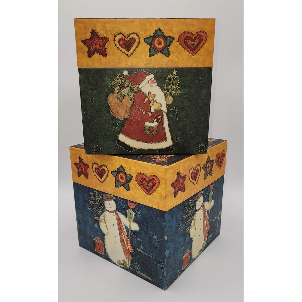 R A Lang Susan Winglet Set of 2 Square Christmas Santa Snowman Nested Boxes Gift - Image 2 of 4