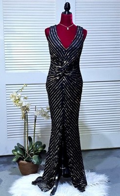City Goddess London Women's Black Gold Sequin Maxi Dress With V-Neck Sz 6 2575