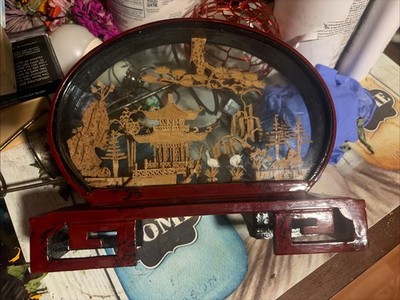 Vintage Chinese  Cork Art Hand Carved Diorama Pagoda Cranes Trees