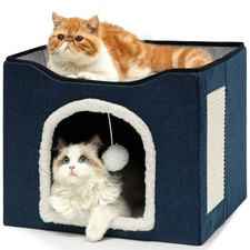 Cat Beds for Indoor Cats, Large Covered Cat House with Scratch Pad, Ball Hanging