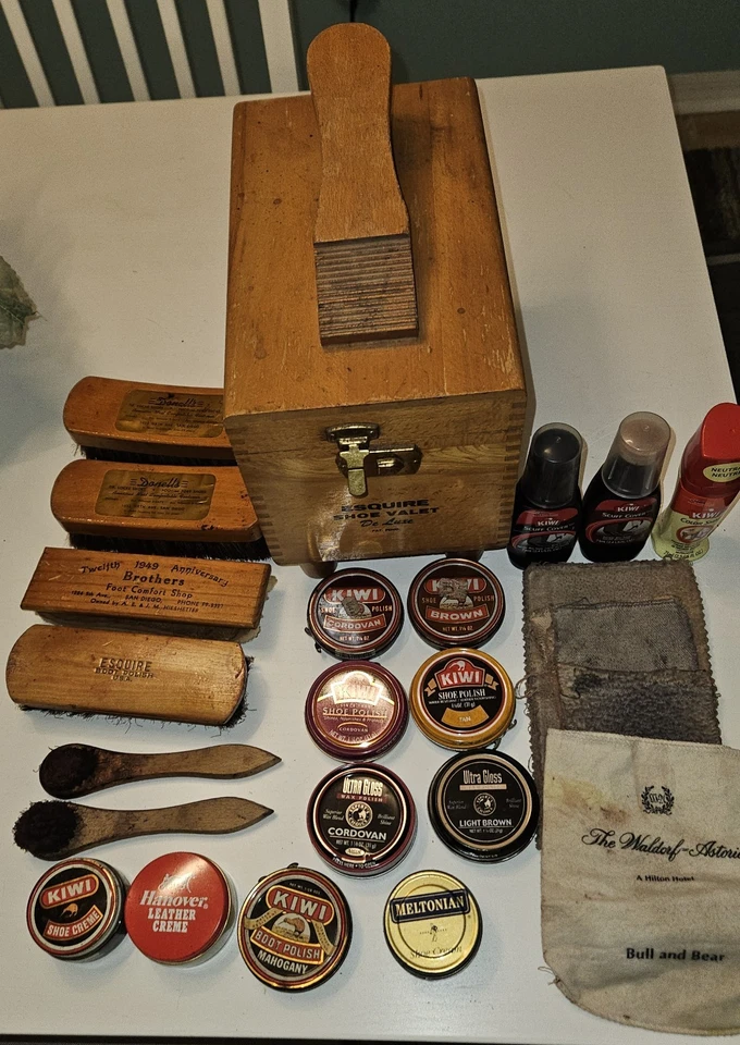 De colección Esquire Zapato Valet Roble Madera Caja De Luxe Zapato Brillo Kit Usado Suministros Antiguos Foto 4 de 4