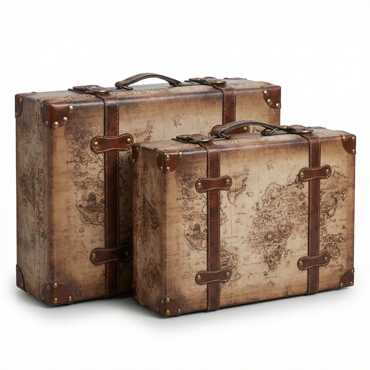 Vintiquewise Old World Map Leather Vintage Suitcase Set of 2