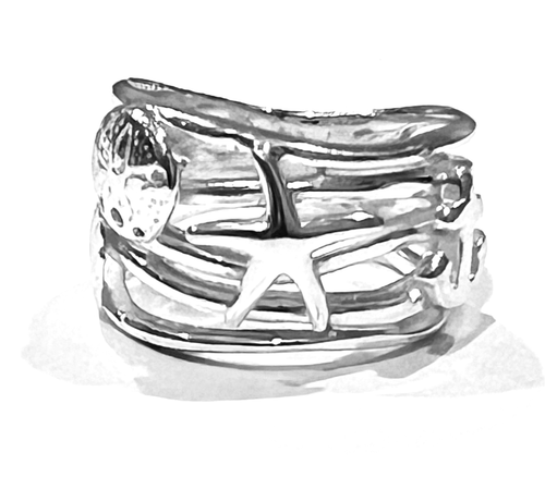 Sea Life Anchor Multi Shell Beach Theme Stamp .925 Sterling Silver Ring - Size 6 - Picture 1 of 8