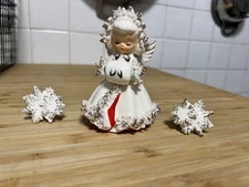 1958 Holt Howard Christmas Angel Candle Holder w/2 snowflake candle huggers