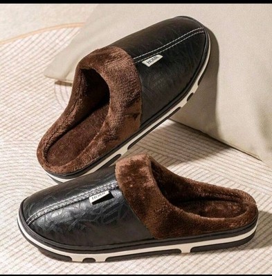 NEW Men's PU Leather Winter Slippers Fur Lined Indoor Waterproof House Shoes
