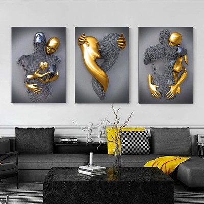 Bedroom Canvas Wall Art Decor,Black&Gold Romantic Kissing Embrace Couple Livi...