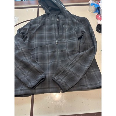 Spyder Mens XL Full Zip Hooded Fleece Jacket Grey Black Plaid Mid Layer Hoodie