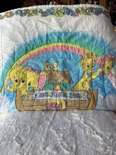 Vtg That's Our Baby Noah's Ark Quilted Fabric Panel Crib Blanket Pastel Rainbow