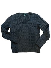 Lauren Ralph Lauren Grey Cotton Cable Knit V-Neck Sweater L Preppy Old Money