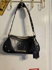 True Religion Black Small Crescent Shoulder Bag Gold Zip Studded Logo Strap