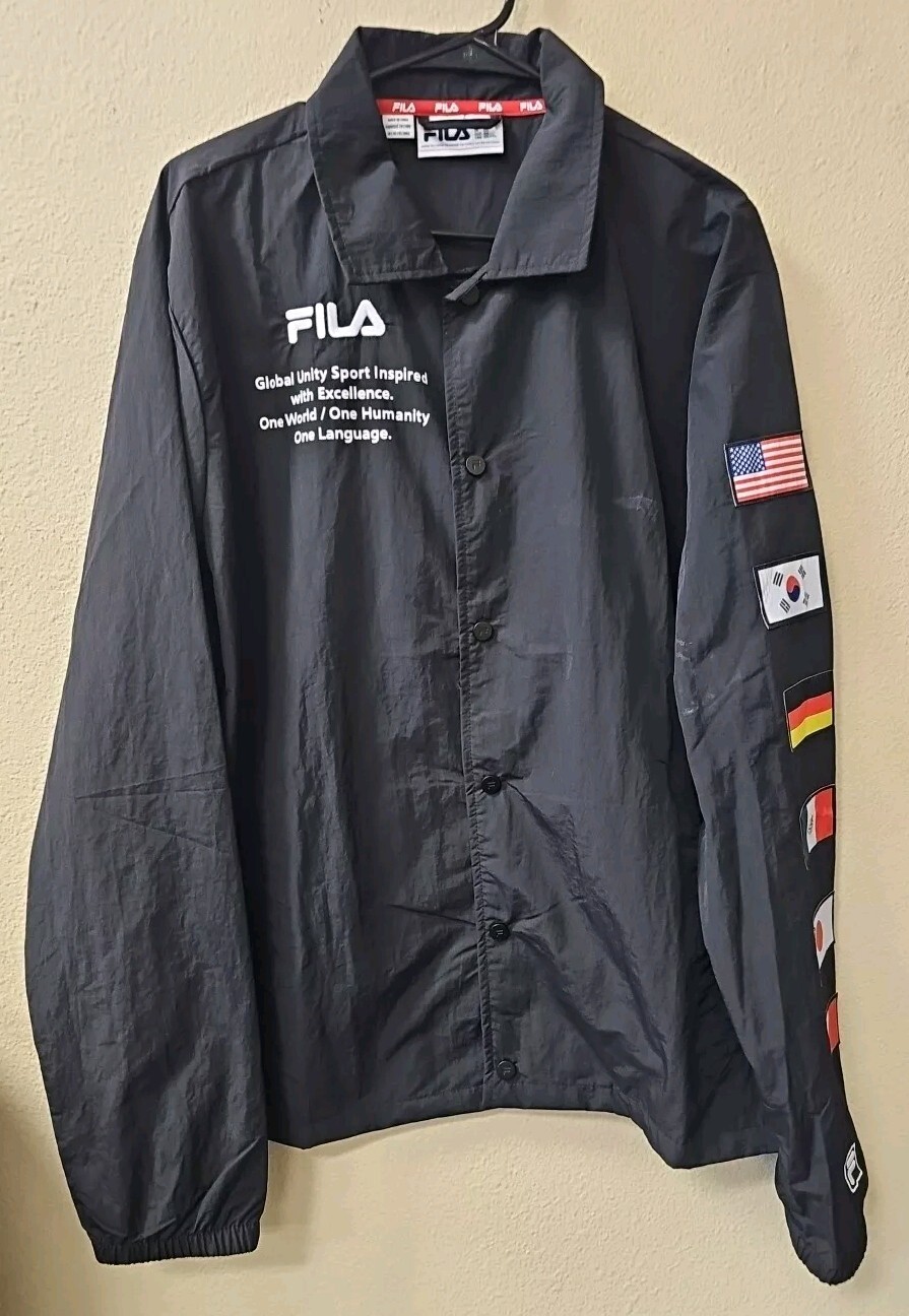 Fila Giacca a vento nera con toppe mondiali e bottoni completi da uomo taglia 2XL
