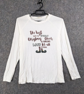 Alterd State Christmas T-Shirt Womens White Knit Long Sleeve Spread Cheer Sing